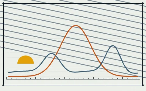 Shop-drawing figure showing a slate-blue daily load curve and a safety-orange solar bell curve crossing over a diagonally raked field, with an amber sun disc and hour ticks