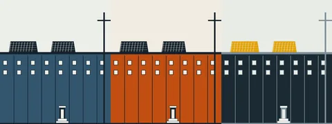 Three-panel illustration repeating one rowhouse block with rooftop solar panels in slate blue, then safety orange, then dark bench with amber panels
