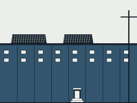 Flat illustration of a Philadelphia block of slate-blue rowhouses with rooftop solar panels above the parapet and marble stoops